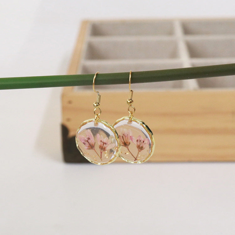 Wholesale new 6pcs/pack resin dried flower irregular round gold earrings creative real flower fashion earrings